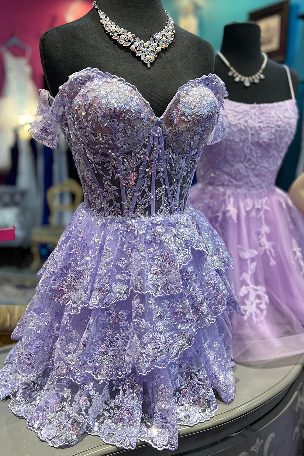 Misshow Sparkly Fuchsia A Line Tiered Lace Short Homecoming Dress/Mini Dress