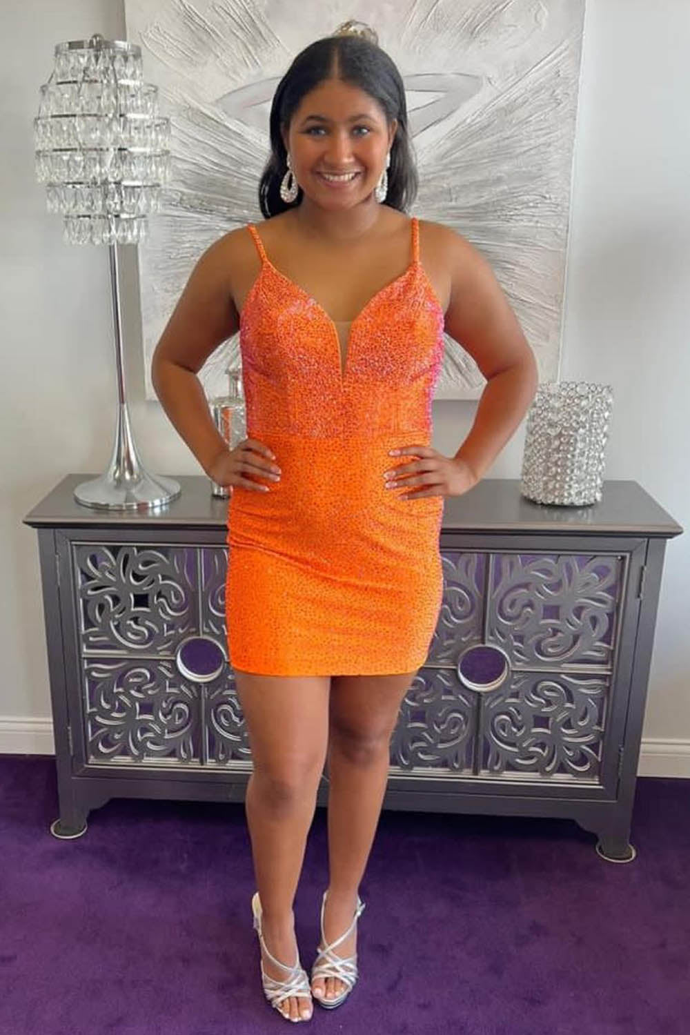 Misshow Sparkly Fuchsia Beaded Backless Tight Short Homecoming Dress/Mini Dress