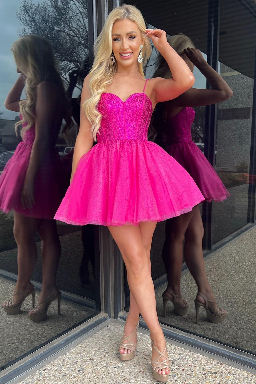 Misshow Sparkly Fuchsia Beaded Corset A-Line Short Tulle Homecoming Dress/Mini Dress