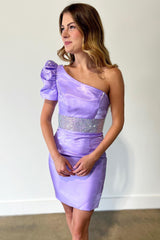 Misshow Sparkly Fuchsia Beaded One Shoulder Tight Short Homecoming Dress/Mini Dress