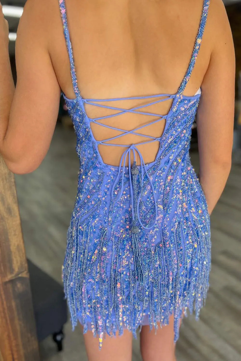 Misshow Sparkly Fuchsia Beaded Sequin Tight Short Homecoming Dress/Mini Dress with Fringes