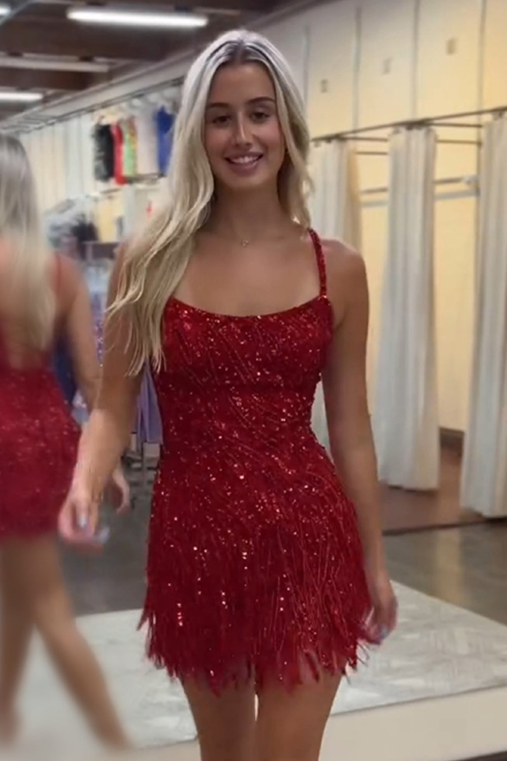 Misshow Sparkly Fuchsia Beaded Sequin Tight Short Homecoming Dress/Mini Dress with Fringes