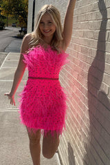 Misshow Sparkly Fuchsia Beaded Tight Short Homecoming Dress/Mini Dress with Feathers