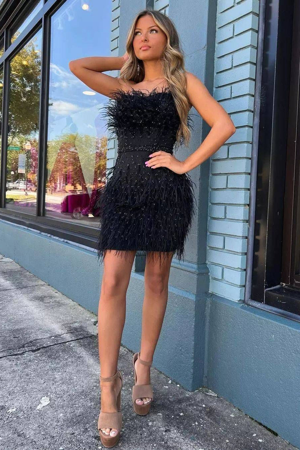 Misshow Sparkly Fuchsia Beaded Tight Short Homecoming Dress/Mini Dress with Feathers