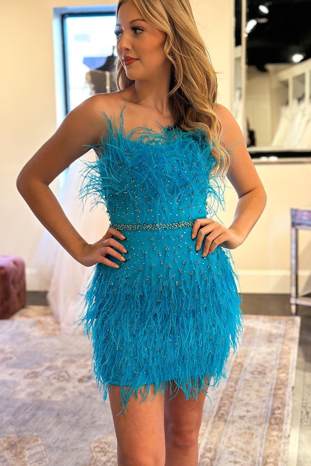 Misshow Sparkly Fuchsia Beaded Tight Short Homecoming Dress/Mini Dress with Feathers