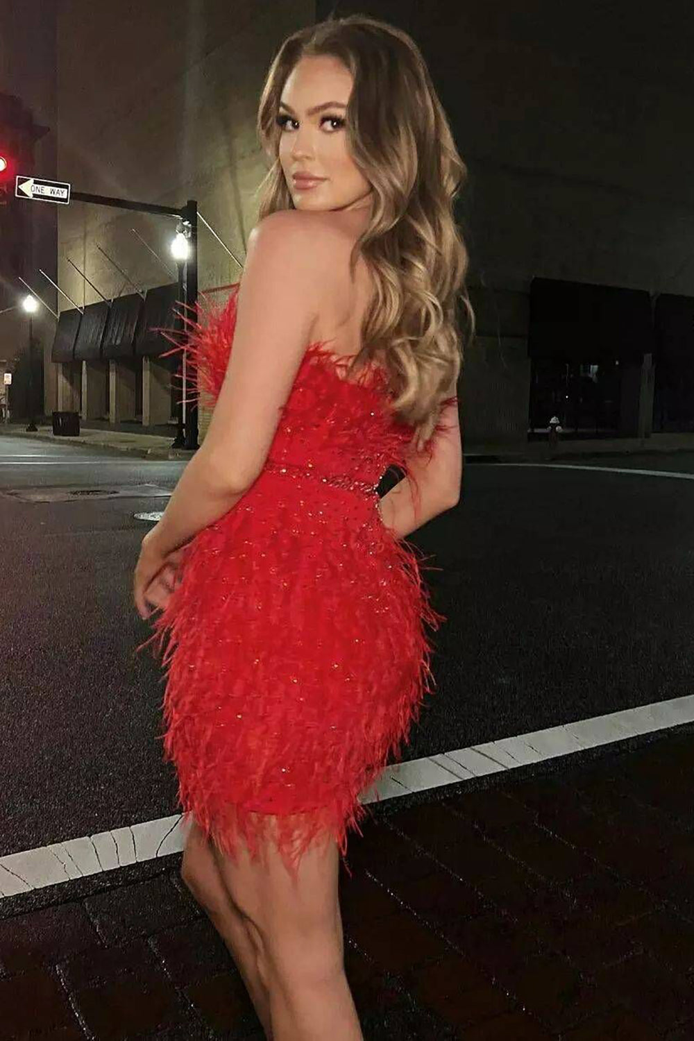Misshow Sparkly Fuchsia Beaded Tight Short Homecoming Dress/Mini Dress with Feathers