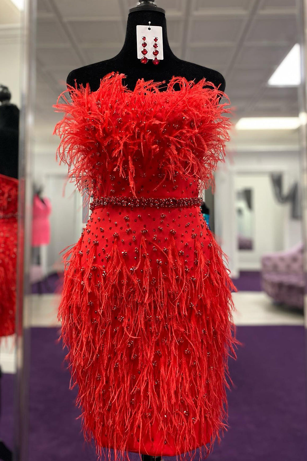 Misshow Sparkly Fuchsia Beaded Tight Short Homecoming Dress/Mini Dress with Feathers