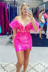 Misshow Sparkly Fuchsia Corset Sequins Tight Short Homecoming with Feathers