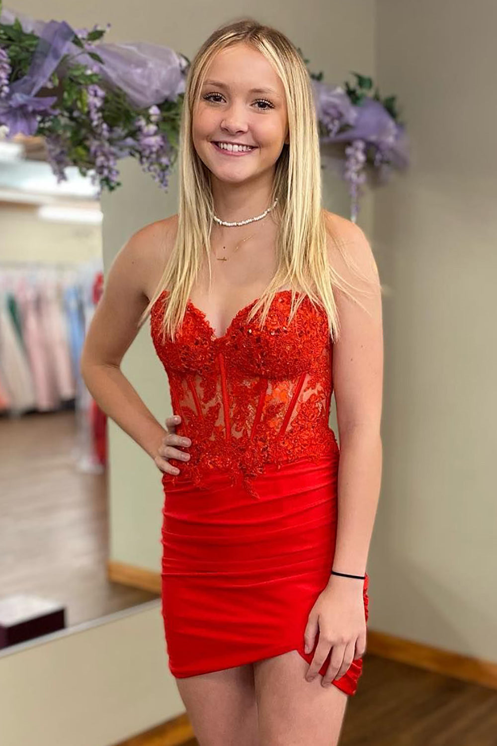 Misshow Sparkly Fuchsia Corset Tight Sequins Short Homecoming Dress/Mini Dress with Lace