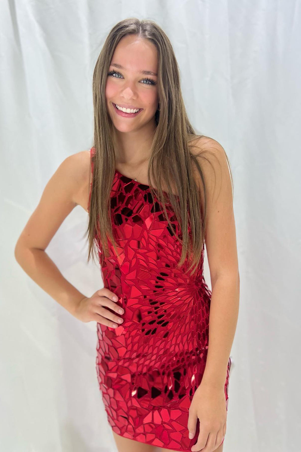 Misshow Sparkly Fuchsia Mirror One Shoulder Tight Short Homecoming Dress/Mini Dress