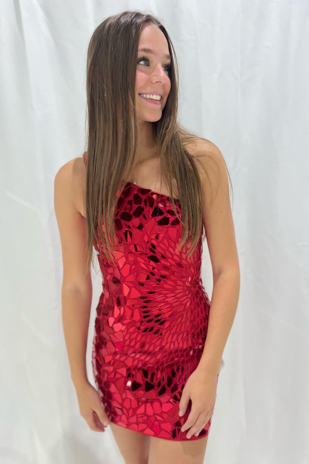 Misshow Sparkly Fuchsia Mirror One Shoulder Tight Short Homecoming Dress/Mini Dress