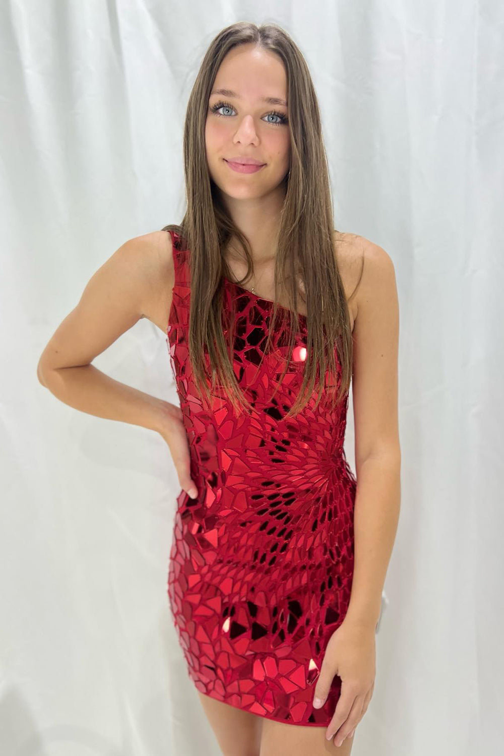 Misshow Sparkly Fuchsia Mirror One Shoulder Tight Short Homecoming Dress/Mini Dress
