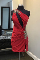 Misshow Sparkly Fuchsia One Shoulder Cut Out Tight Short Hoco Dress with Beading