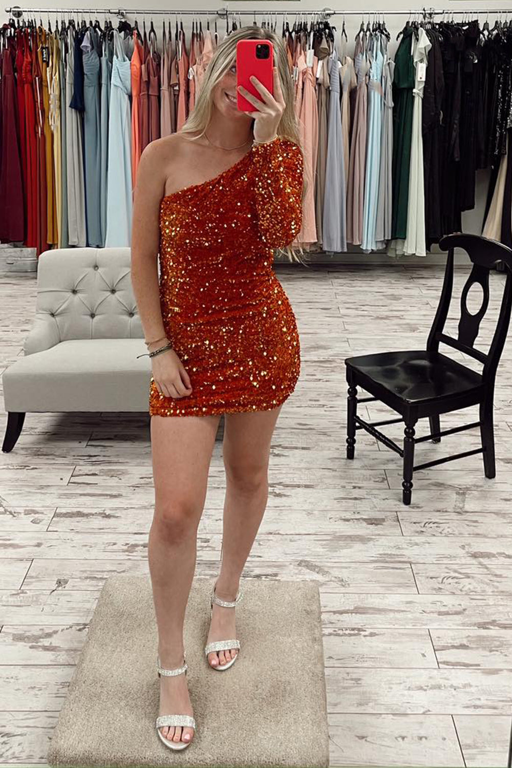 Misshow Sparkly Fuchsia One Shoulder One Sleeves Tight Short Sequins Homecoming Dress/Mini Dress