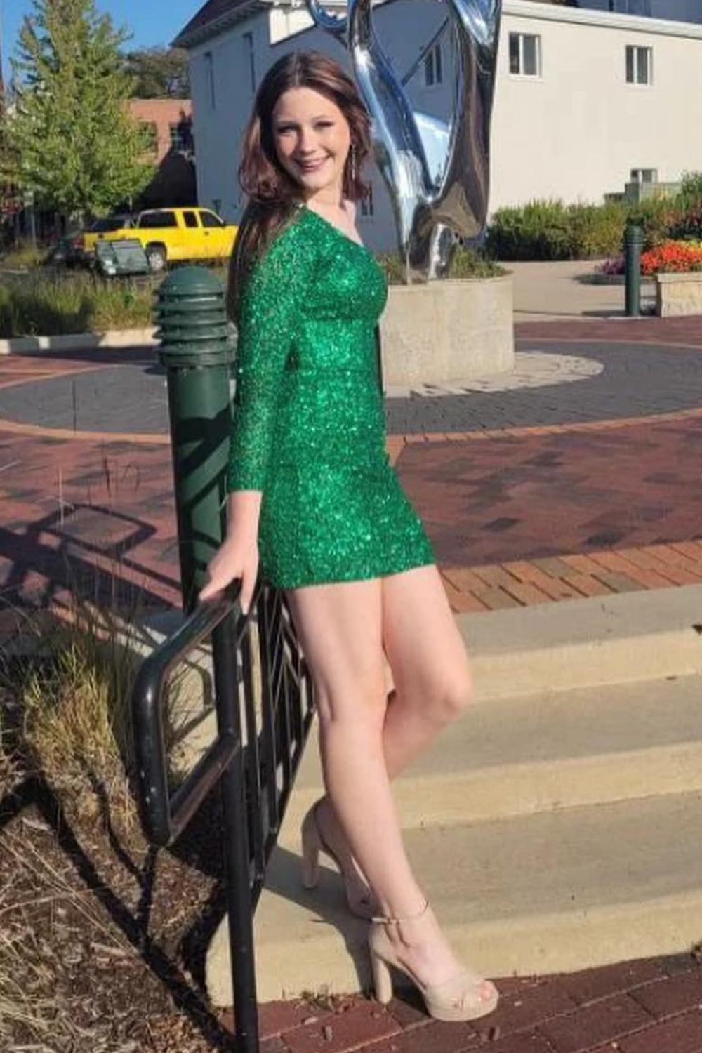 Misshow Sparkly Fuchsia One Shoulder One Sleeves Tight Short Sequins Homecoming Dress/Mini Dress
