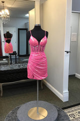 Misshow Sparkly Fuchsia Open Back Corset Tight Short Sequins Homecoming Dress/Mini Dress
