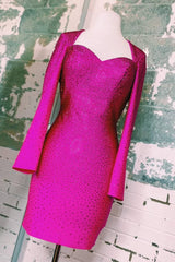 Misshow Sparkly Fuchsia Sequined Tight Short Homecoming Dress/Mini Dress with Sleeves