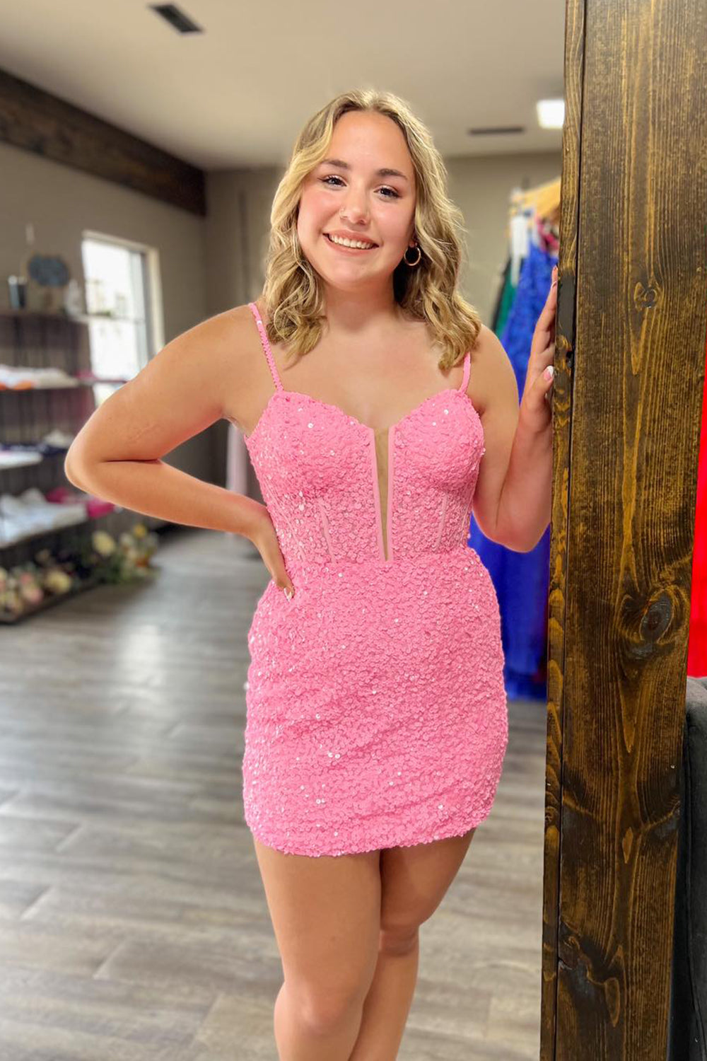 Misshow Sparkly Fuchsia Sequins Corset Tight Short Homecoming Dress/Mini Dress