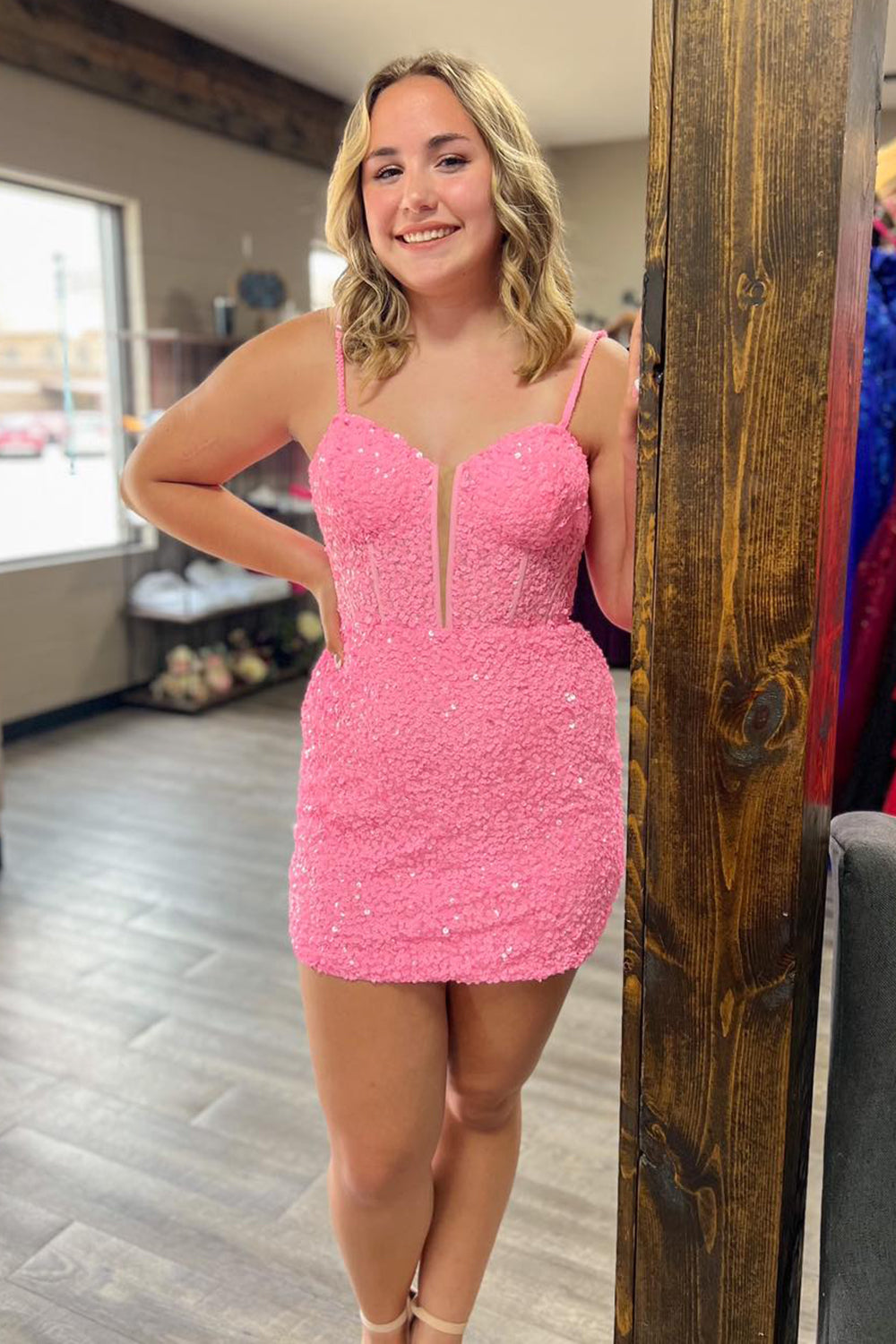 Misshow Sparkly Fuchsia Sequins Corset Tight Short Homecoming Dress/Mini Dress