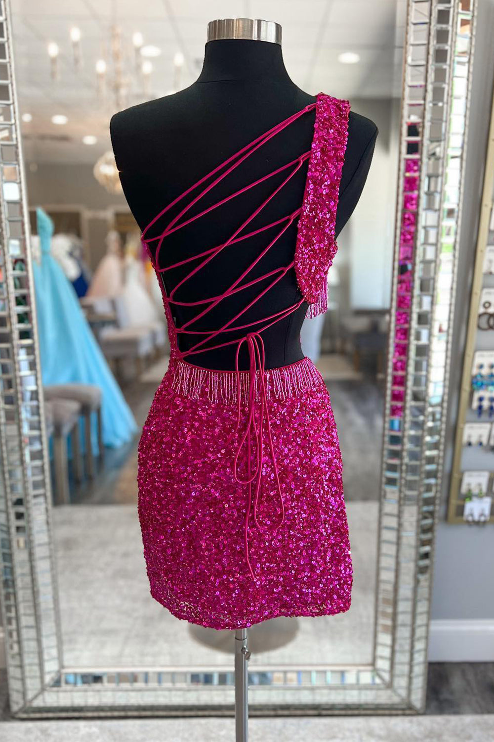 Misshow Sparkly Fuchsia Sequins Fringed Cut Out Tight Short Homecoming Dress/Mini Dress