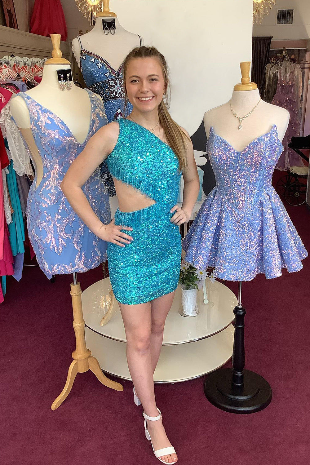 Misshow Sparkly Fuchsia Sequins Fringed Cut Out Tight Short Homecoming Dress/Mini Dress