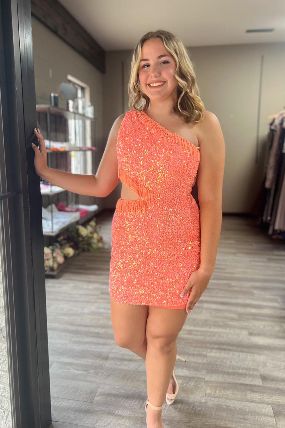 Misshow Sparkly Fuchsia Sequins Fringed Cut Out Tight Short Homecoming Dress/Mini Dress