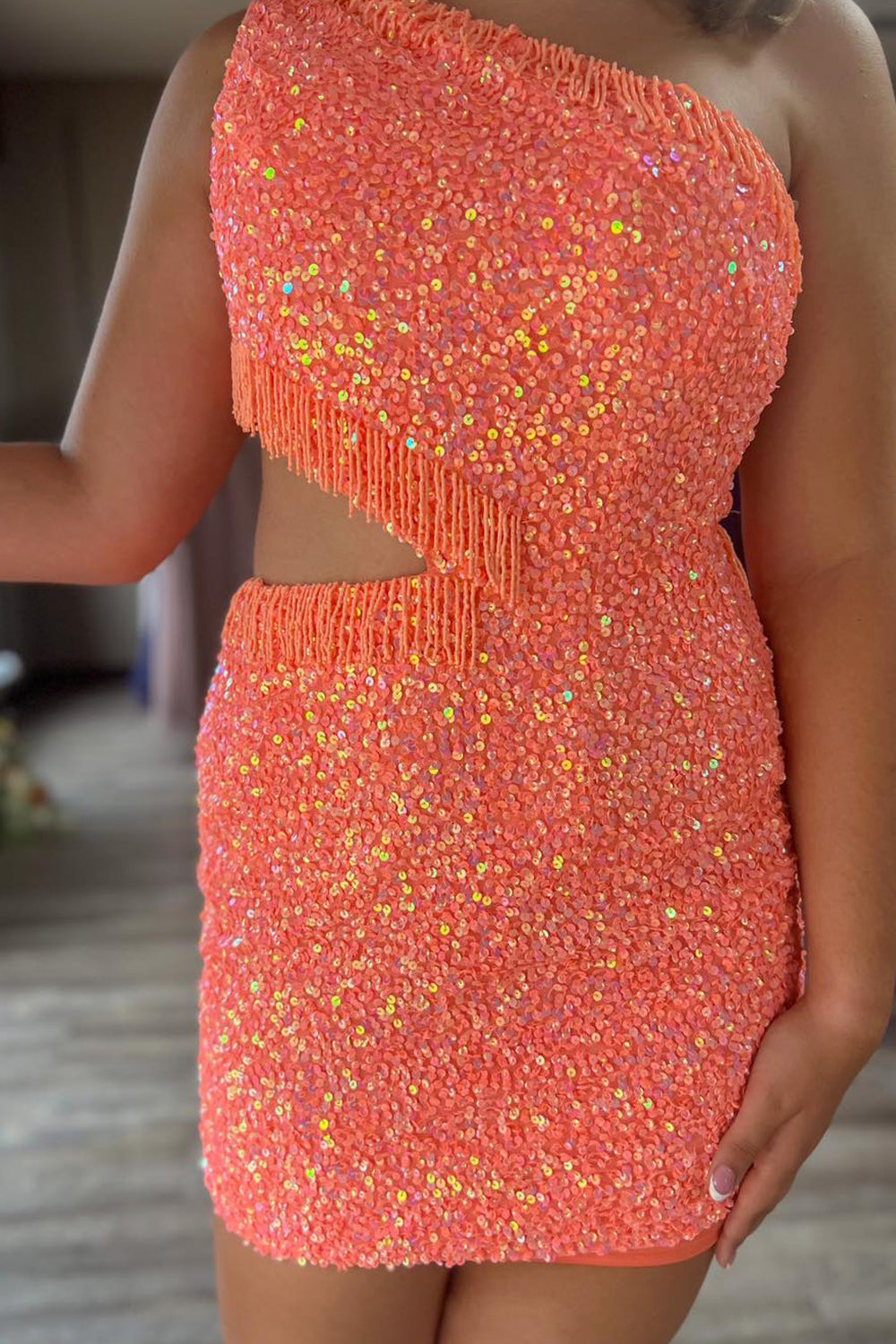 Misshow Sparkly Fuchsia Sequins Fringed Cut Out Tight Short Homecoming Dress/Mini Dress