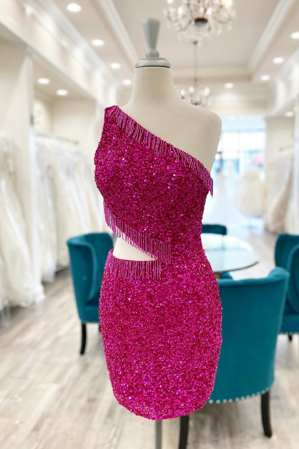 Misshow Sparkly Fuchsia Sequins Fringed Cut Out Tight Short Homecoming Dress/Mini Dress