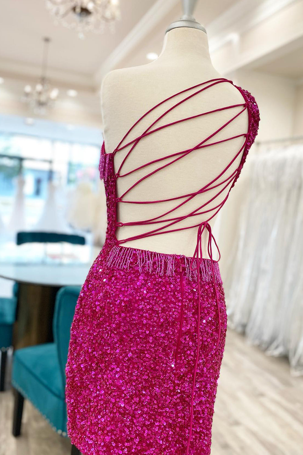 Misshow Sparkly Fuchsia Sequins Fringed Cut Out Tight Short Homecoming Dress/Mini Dress