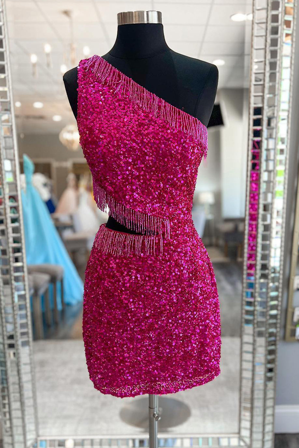 Misshow Sparkly Fuchsia Sequins Fringed Cut Out Tight Short Homecoming Dress/Mini Dress