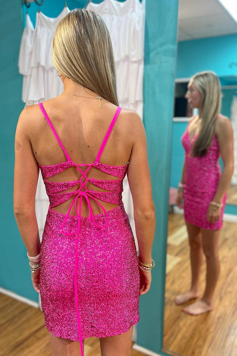 Misshow Sparkly Fuchsia Sequins Lace-Up Back Tight Short Homecoming Dress/Mini Dress