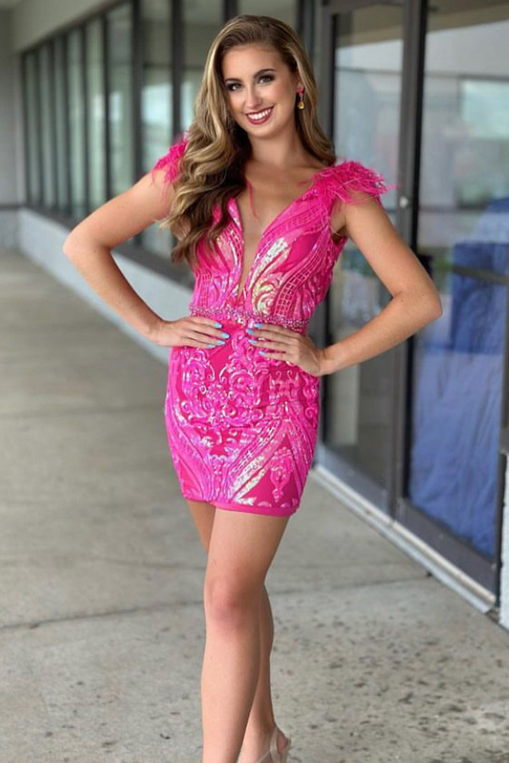 Misshow Sparkly Fuchsia Sequins Short Tight Homecoming Dress/Mini Dress With Feathers