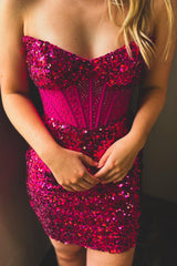 Misshow Sparkly Fuchsia Sweetheart Corset Tight Short Homecoming Dress/Mini Dress