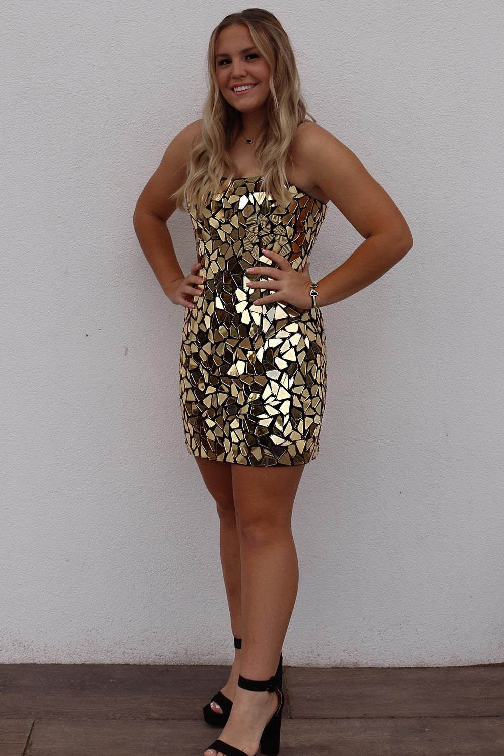 Misshow Sparkly Gold Mirror Short Tight Homecoming Dress/Mini Dress