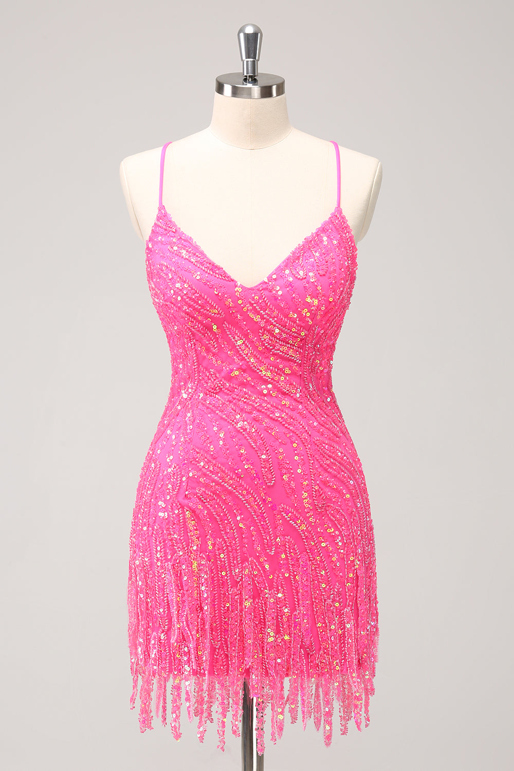 Misshow Sparkly Gold Sequined Spaghetti Straps Tight Short Homecoming Dress/Mini Dress With Fringes