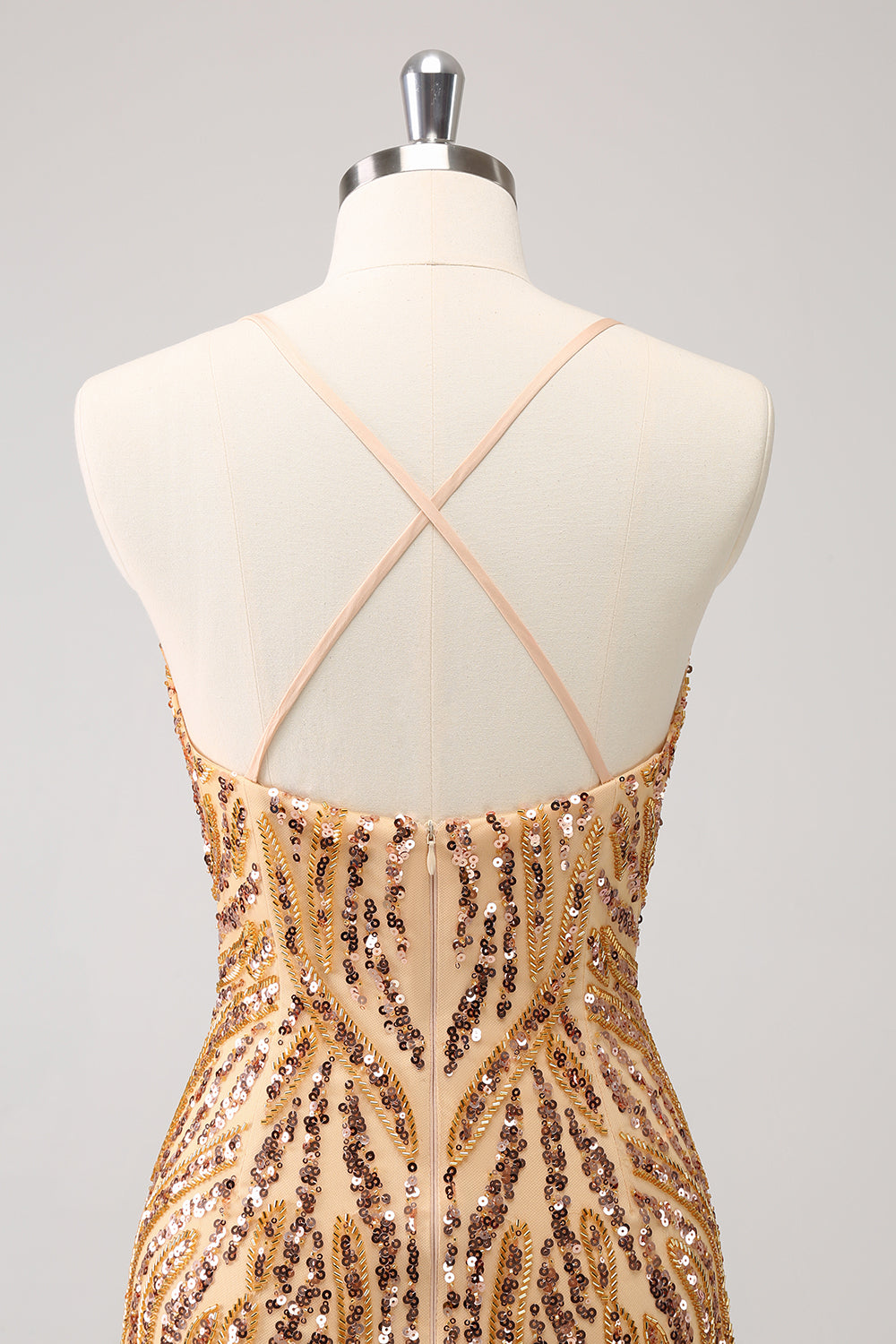 Misshow Sparkly Gold Sequined Spaghetti Straps Tight Short Homecoming Dress/Mini Dress With Fringes