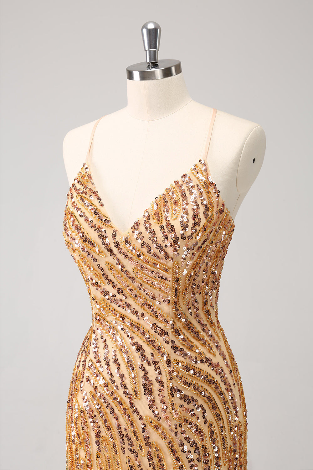 Misshow Sparkly Gold Sequined Spaghetti Straps Tight Short Homecoming Dress/Mini Dress With Fringes