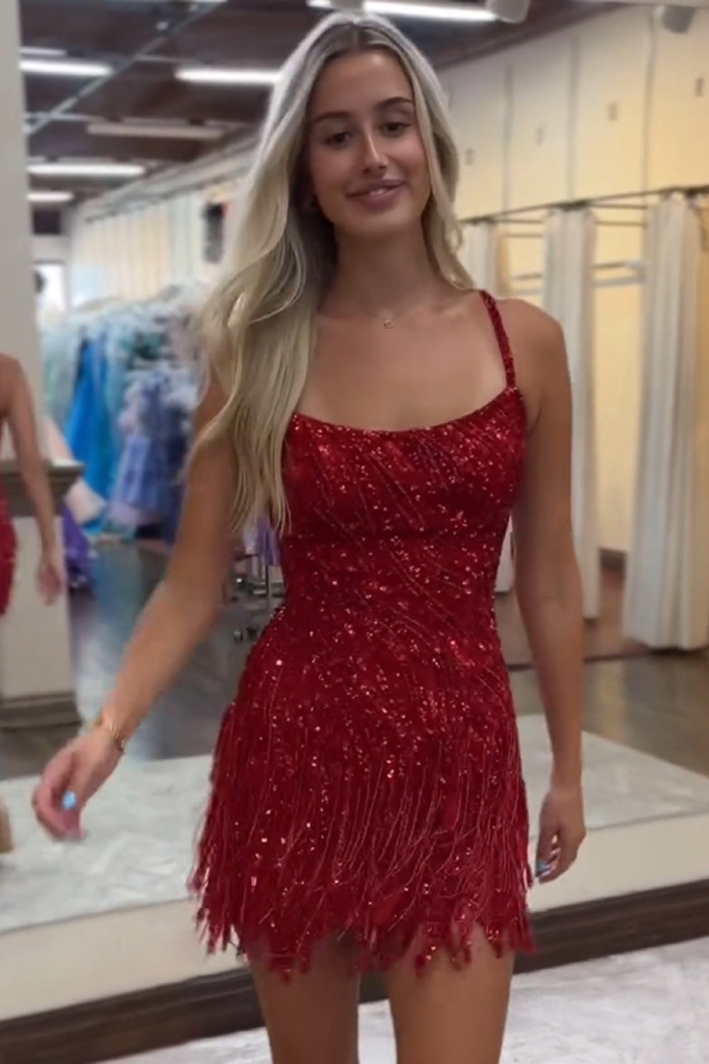 Misshow Sparkly Gold Spaghetti Straps Beaded Fringed Tight Short Hoco Dress