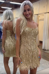 Misshow Sparkly Gold Spaghetti Straps Beaded Fringed Tight Short Hoco Dress
