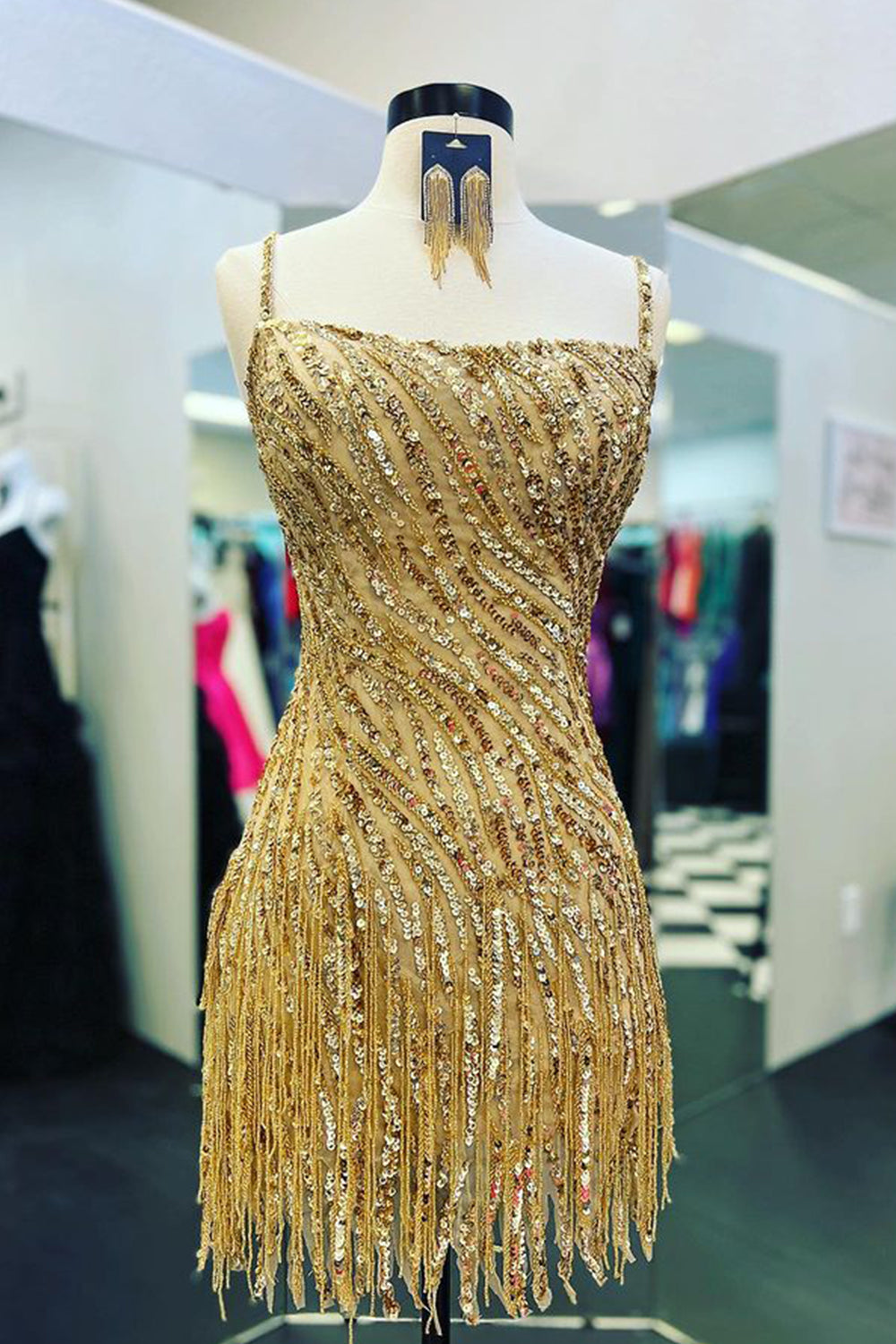 Misshow Sparkly Gold Spaghetti Straps Beaded Fringed Tight Short Hoco Dress