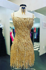 Misshow Sparkly Gold Spaghetti Straps Beaded Fringed Tight Short Hoco Dress