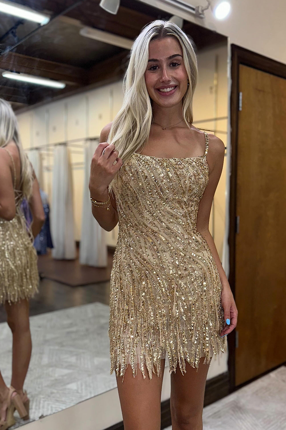 Misshow Sparkly Gold Spaghetti Straps Beaded Fringed Tight Short Hoco Dress