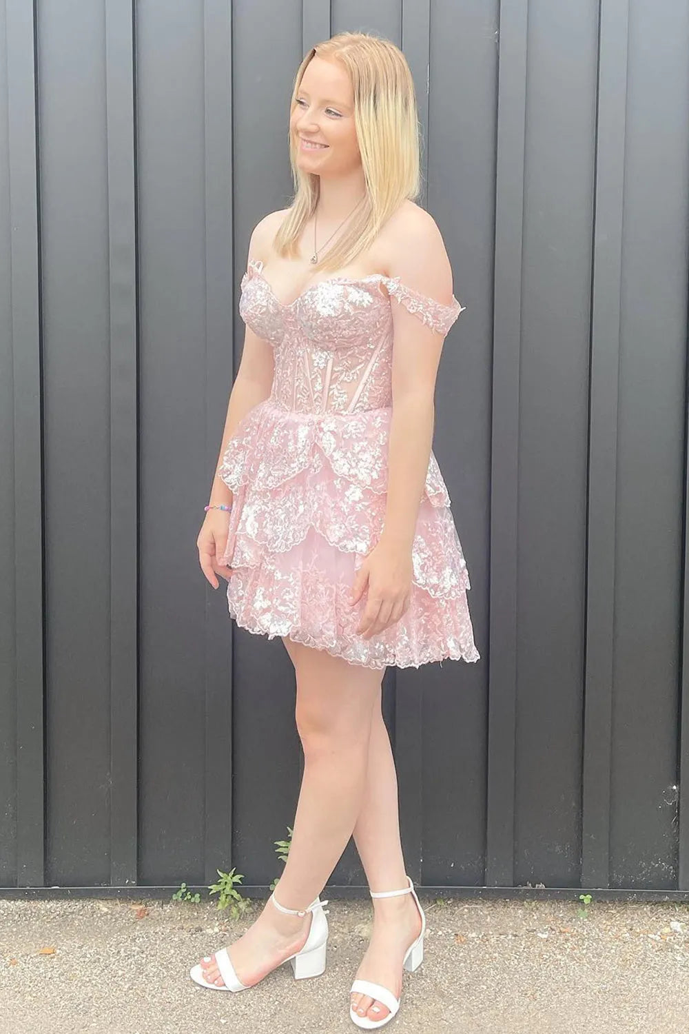 Misshow Sparkly Golden A-Line Tiered Lace Short Homecoming Dress/Mini Dress