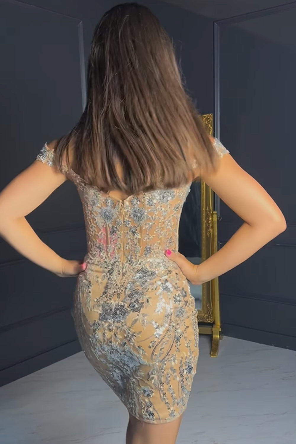 Misshow Sparkly Golden Off The Shoulder Corset Tight Short Homecoming Dress/Mini Dress