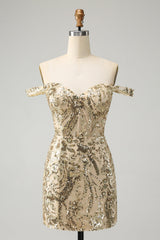 Misshow Sparkly Golden Off The Shoulder Corset Tight Short Homecoming Dress/Mini Dress