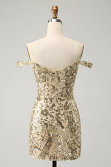 Misshow Sparkly Golden Off The Shoulder Corset Tight Short Homecoming Dress/Mini Dress