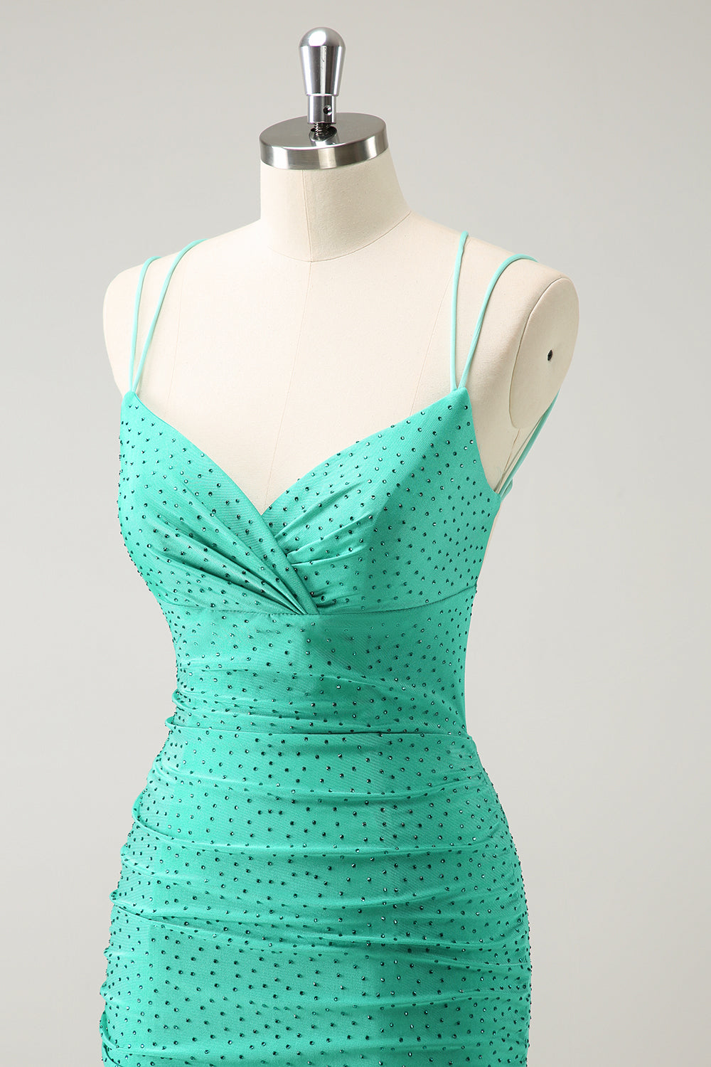 Misshow Sparkly Green Beaded Spaghetti Straps Tight Short Homecoming Dress/Mini Dress