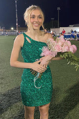 Misshow Sparkly Green One Shoulder Sequins Homecoming Dress/Mini Dress