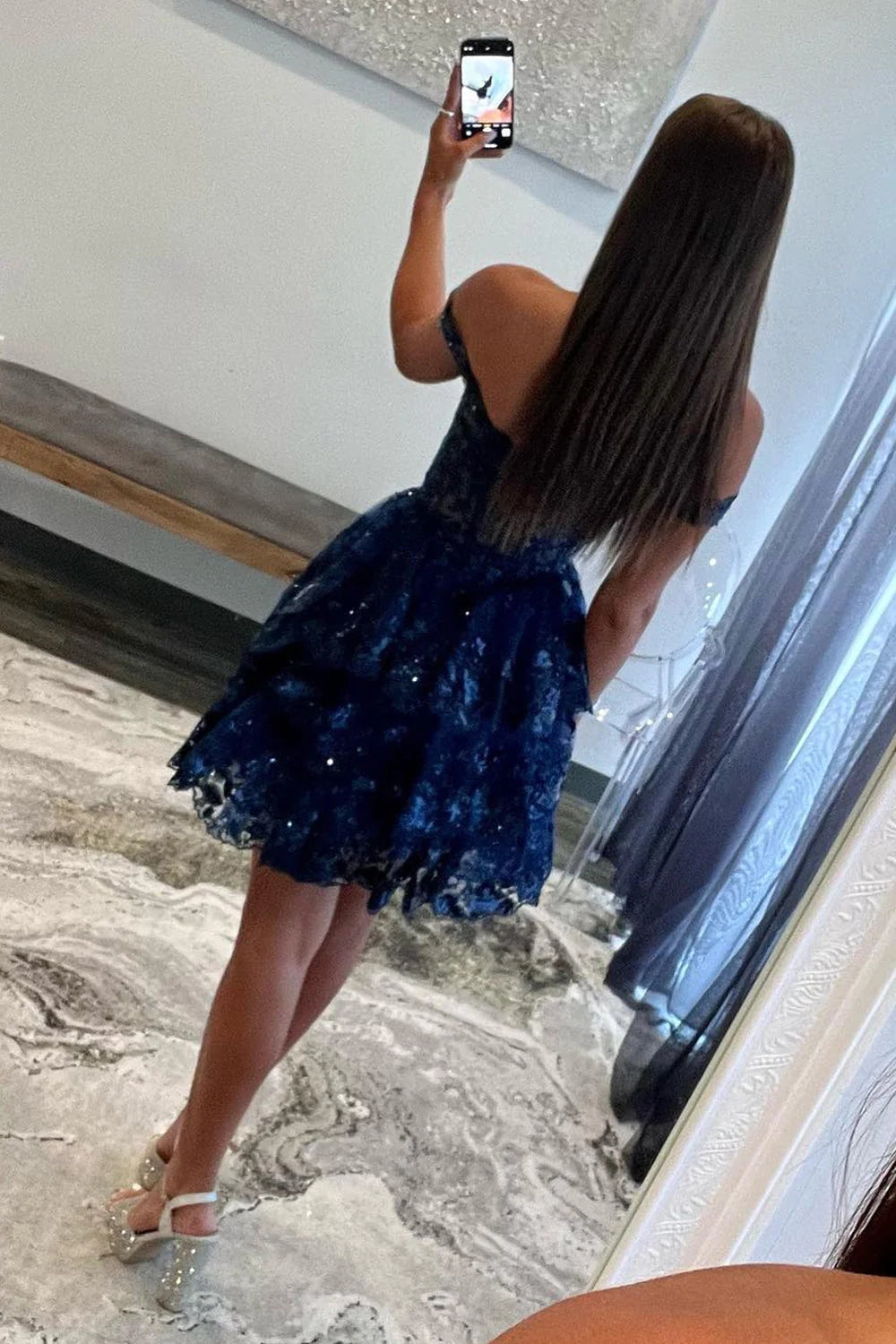 Misshow Sparkly Grey A-Line Tiered Lace Short Homecoming Dress/Mini Dress