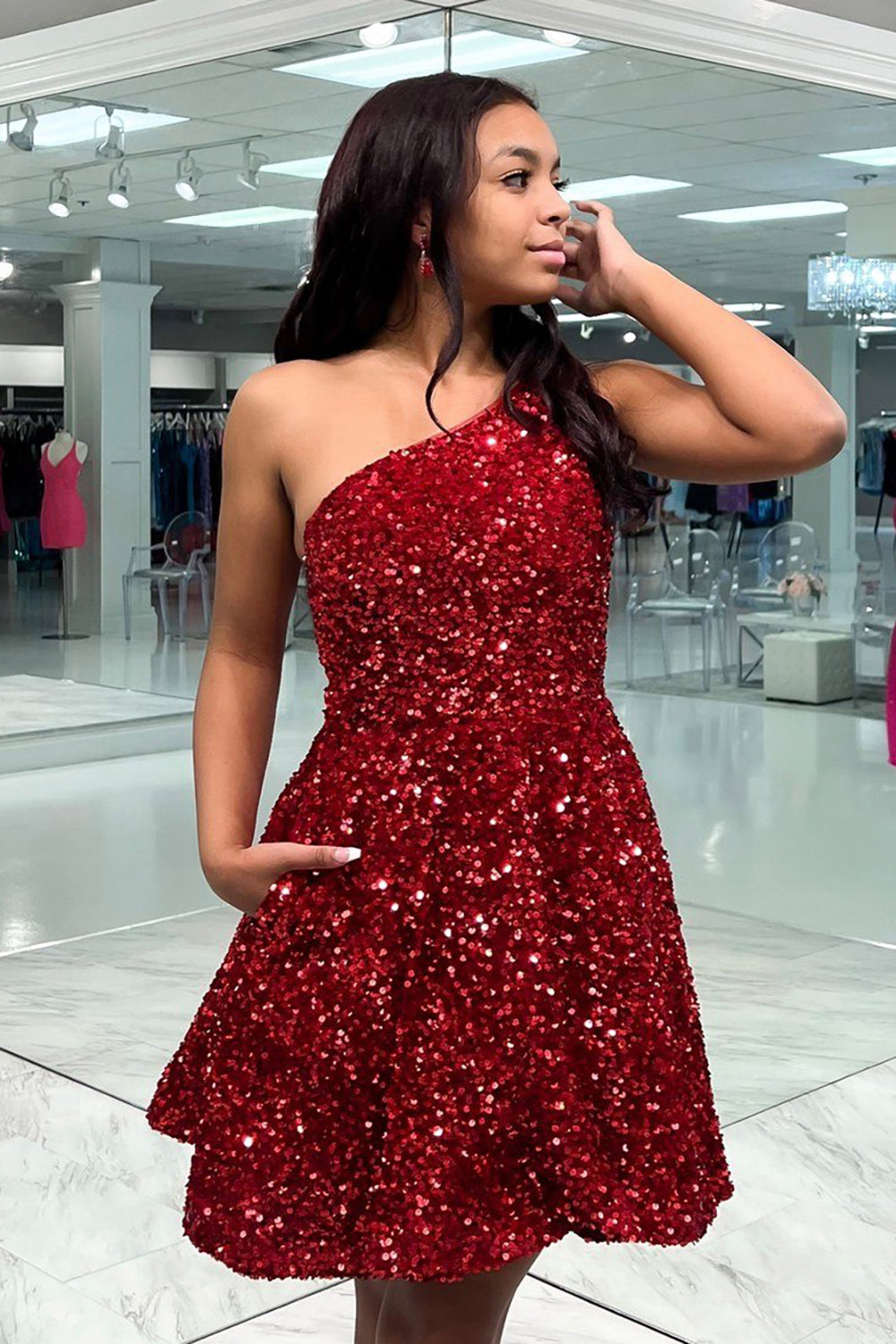 Misshow Sparkly Hot Pink One Shoulder Sequins Short Homecoming Dress/Mini Dress